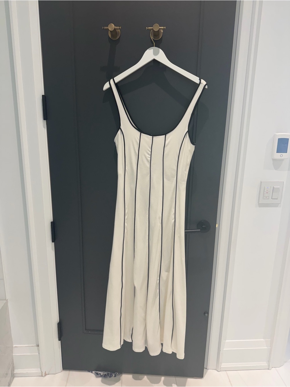 Mango Cream Midi Dress with Black Pinstripes
